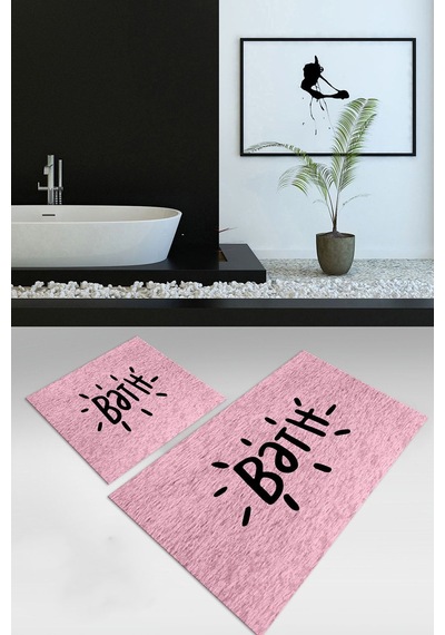 Buççin Online Mağaza Dijital Baskılı Kaymaz Yıkanabilir Bath İkili Banyo Takımı Klozet Takımı Polyester Pembe Çok Renkli