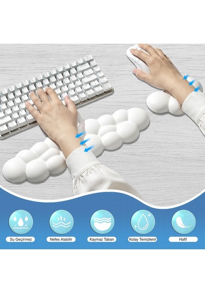 Klasse Cloud Klavye Ve Mouse Bilek Destek Seti, Bulut Ergopad, Kaymaz Tabanlı, Nefes Alan Kumaş, Ağrı Önleyici Bilek Desteği Seti, Beyaz