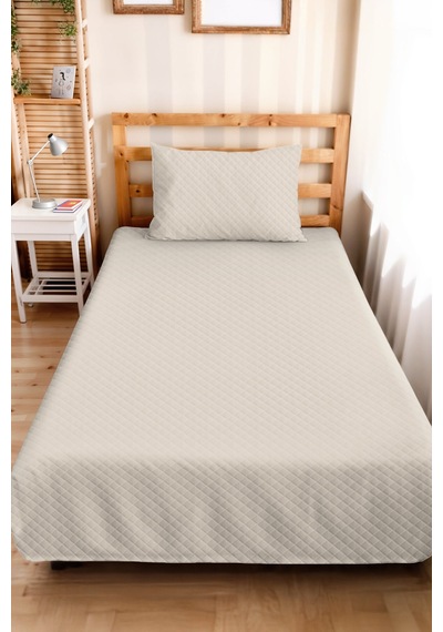 Ekru Minimal Genç Odası Tek Kişilik Pike Takımı - Bej Kapitone 160x220 Cm Mevsimlik Yatak Örtüsü Perde Kumtaşı Kuşağı