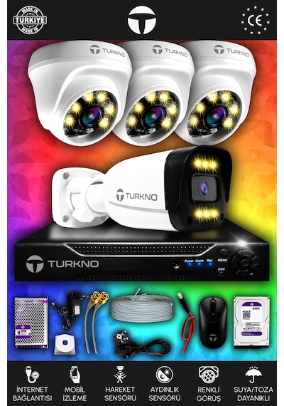 Turkno 4 Kameralı Ultia 3 İç Kamera Set 100 GB 5 MP 2K Net Renkli Gece Görüşlü Güvenlik Kamerası Sistemi