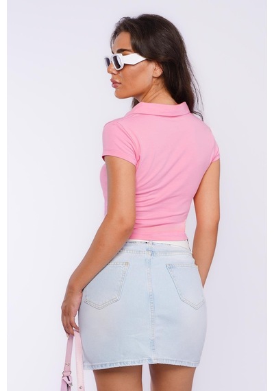 Pembe Polo Yaka Basic Kadın Tişört Mg2455 Pembe
