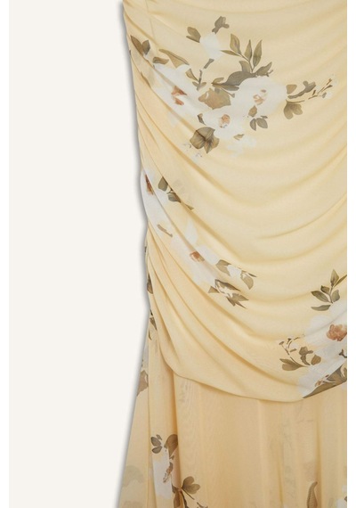 DeFacto Coool Bodycon Vücudu Saran Straplez Çiçek Desenli Tül Maxi Elbise F5577AX25SMYL272