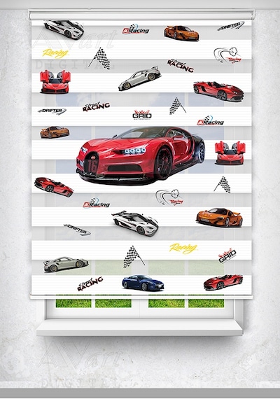Kırmızı Bugatti Spor Arabalar Baskılı Çocuk Odası Perdesi - Dijital Baskılı Zebra Stor Perde Çok Renkli
