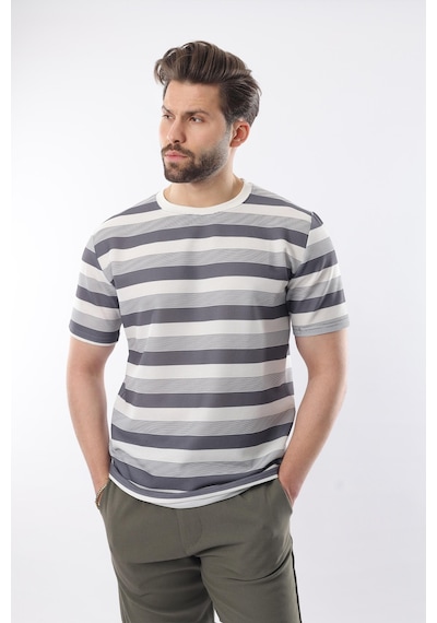 Madmext Füme Bisiklet Yaka Çizgili Erkek T-shirt E7118 Füme