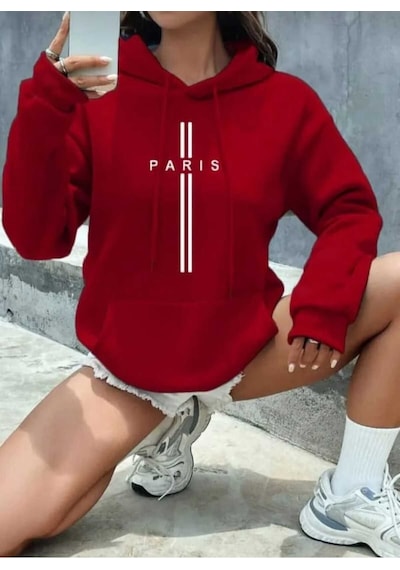 Kozia Outdoors Paris Dikey Baskılı Oversize Unisex Swaetshirt Kırmızı