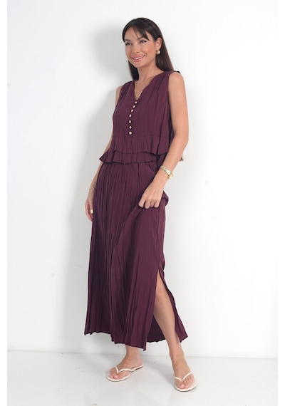 By Saygı Kadın Önü Metal Düğmeli Fırfırlı Kolsuz Bluz Beli Lastikli Pileli Uzun Sunset Etek Modal 2'li Takım Bordo By Saygı Kadın Önü Metal Düğmeli Fırfırlı Kolsuz Bluz Beli Lastikli Pileli Uzun Sunset Etek Modal 2'li Takım Bordo