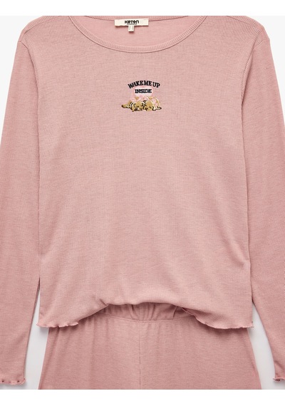 Koton Köpek Nakışlı Bisiklet Yaka Uzun Kollu Pijama Takımı Pembe 7wlk40215mk Gül