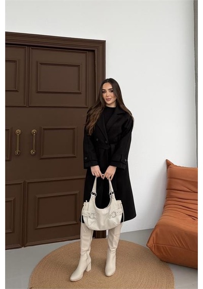 Neşeli Butik Kadın Siyah Kuşaklı Reglan Kol Düğmeli Premium Kaşe Kaban Nbkbn01 Siyah