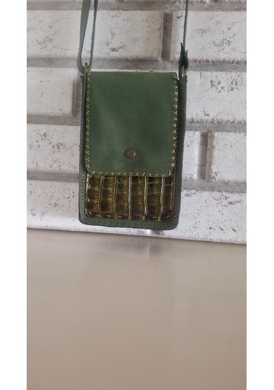Çağla Yeşili Hakiki Deri Mini El Yapımı Çapraz Çanta Yeşil