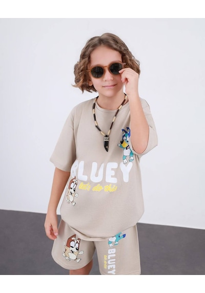 Miniko Kids Erkek Çocuk Bluey Modelli Pamuk Şortlu Takım Ekru