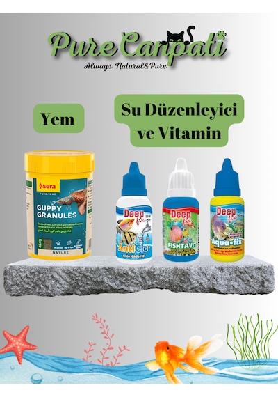 Purecanpati Akvaryum Başlangıç Seti Balık Yemi + Su Düzenleyici + Balık Vitamini + Klor Giderici Akvaryum Bakım Seti