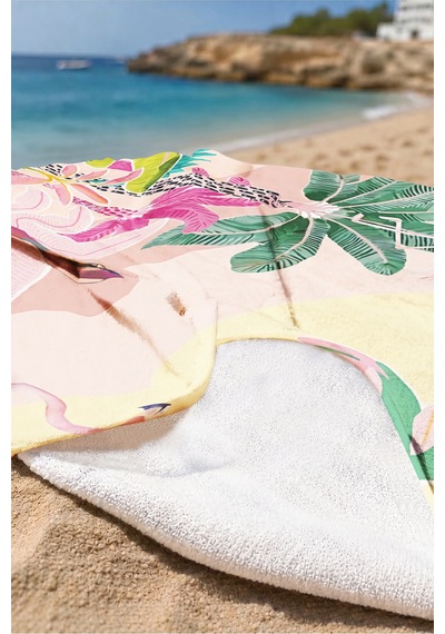Tropikal Flamingo Palmiye Plaj Havlusu - Bohem Pastel Egzotik Kuşlu Hızlı Kuruyan Mikrofiber Havlu Sedef Dalgası
