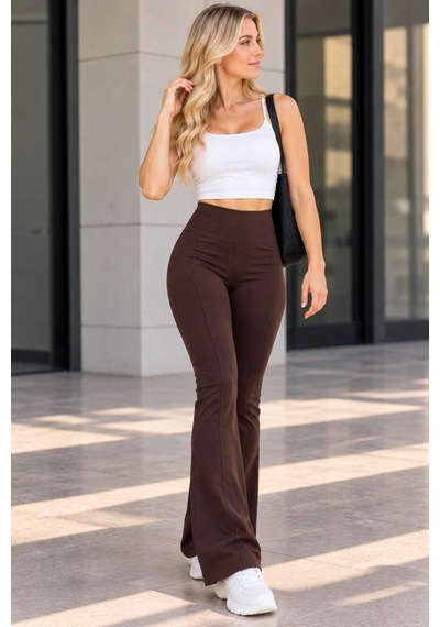 Bul-al Kadın Yüksek Bel Fit Kesim Flara Paça Pantolon Kahverengi