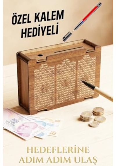 Tr Ahşap Kumbara, Para Biriktirme Kutusu, Mdf, Ceviz, Tasarruf Challenge Sistemi, Motivasyon Hedef Kutusu, Kalem Hediye