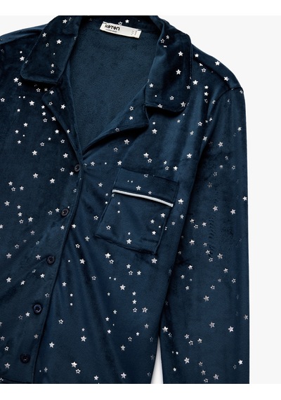 Koton Rahat Kalıp Uzun Kollu Gömlek Yaka Yıldızlı Kadife Pijama Üstü Lacivert Desenli 6wlk40172mk Lacivert Desenli