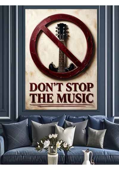 Gitar Yasak İşaretli Müzik Protestosu Dekoratif Kanvas - Mdf Ahşap Tablo Çok Renkli