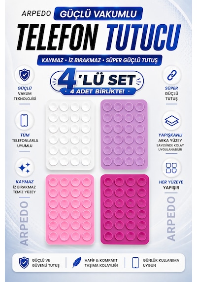 4 Lü Güçlü Vakumlu Telefon Tutucu - Silikon Vantuzlu Beyaz - Lila - Pembe - Fuşya