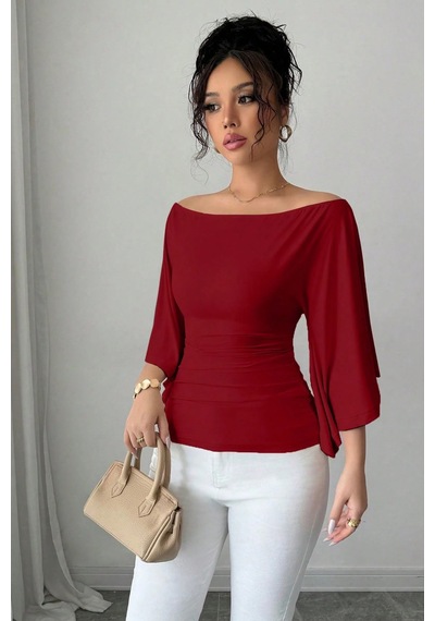Kadın Beyaz Kayık Yaka Flare Kol Drapeli Fit Bluz Bordo