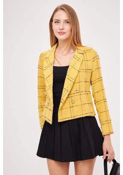 Armonika Kadın Hardal-siyah Kruvaze Yaka Tüvit Crop Ceket Arm-24k001014