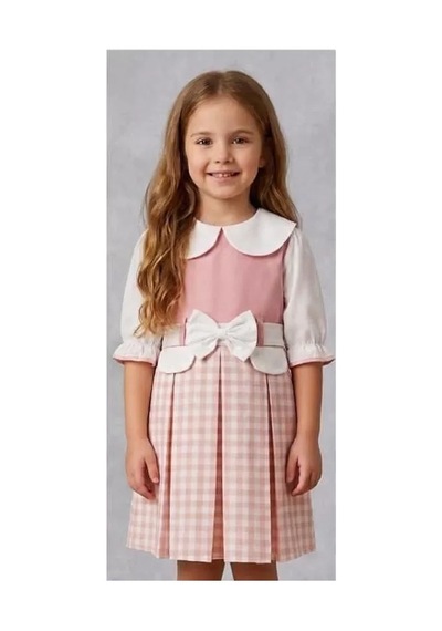 Veraura Lifestyle 1/4 Yaş Kuğu Yakalı Ekose Çocuk Elbisesi Pembe