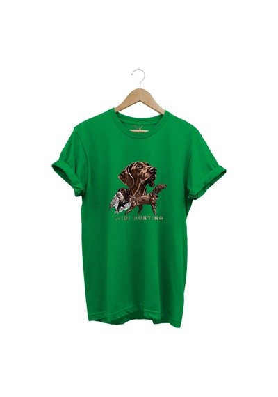 Avcılık Hunter Kurzhaar Av Köpeği Ve Çulluk Baskılı %100 Pamuk Regular Fit Unisex T-shirt Yeşil