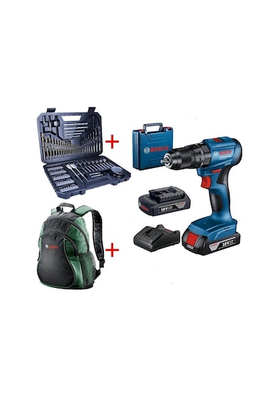 Bosch Professional GSB 185-lı 2x2.0AH Çift Akülü Darbeli Matkap - 06019K3100 + Bosch V-line Matkap & Vidalama Karışık Aksesuar Seti 103 Parça - 2607017367 + Bosch Sırt Çantası Yeşil