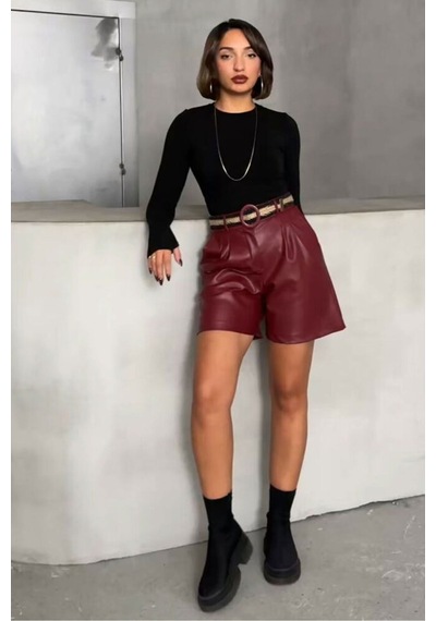 Verymoda Kemerli Deri Şort F1497 Bordo