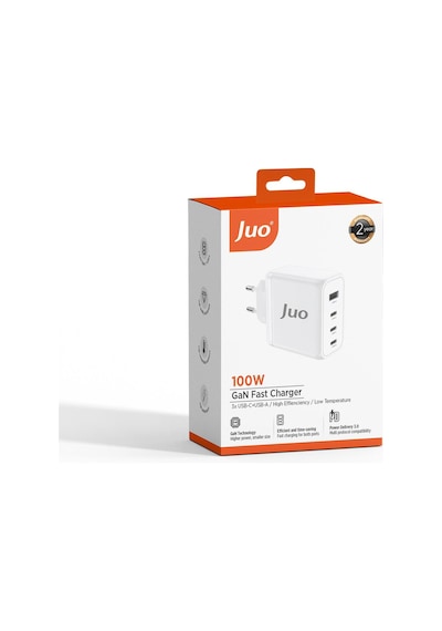 Juo 100W 4 Portlu USB-C + USB-A GaN Şarj Aleti iPhone & Apple Uyumlu MacBook & Notebook PD Type-C Hızlı Şarj Cihazı Beyaz