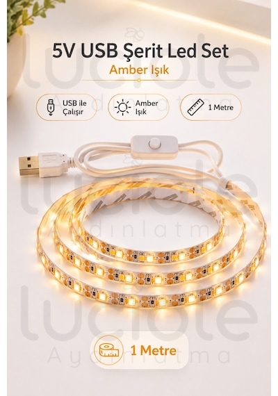 1 Metre 5v Usb Amber Şerit Led Aç Kapa Anahtarlı Mutfak Tv Arkası Masa Kamp Dekoratif Işık