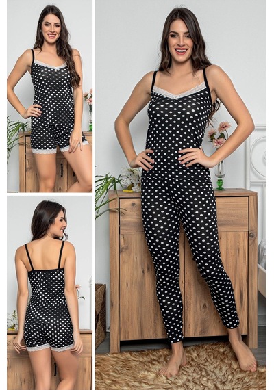 Myben Kadın Siyah Renkli Puantiyeli Dantel Detaylı Şortlu Ve Taytlı Pijama Takımı 3'lü Set 75004 Siyah