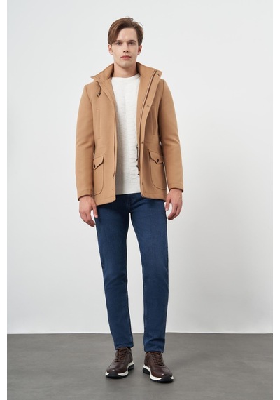 İmza Camel Kaşe Dik Yaka Astarlı Slim Fit Dar Kesim Klasik Kaban 1008245272 Camel
