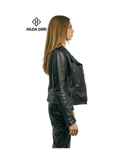 Hilda Deri Lotus Biker Tarzı Siyah Hakiki Deri Ceket 001