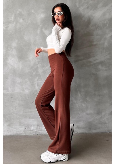 Kahverengi Yüksek Bel Düz Model Kadın İspanyol Paça Tayt Pantolon Mg2288 Kahverengi