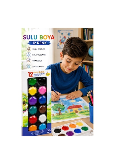12 Renk Sulu Boya 28mm 1 Paket Ark 12 Li Suluboya Fırça Hediyeli Canlı Renkler Kaliteli Yıkanabilir Zararsız Çok Renkli
