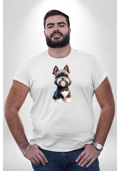 Angemiel Sevimli Beyaz Gri Köpek Beyaz Büyük Beden Kadın Erkek Ünisex Basic Ön Baskılı Tişört Beyaz