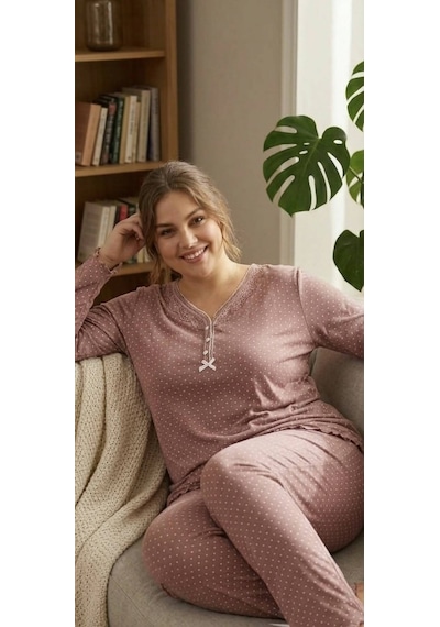 Miss Melina Büyük Beden % 100 Pamuk Uzun Kol Kadın Pijama Takımı Pudra - 9095023138633
