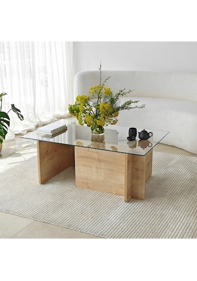 Piano, Yeni Nesil Modern Dikdörtgen Cam Orta Sehpa, Natural