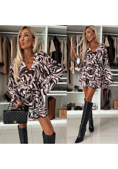 Ramımse Kadın Salaş Kol Kruvaze Yaka Zebra Desen Şort Tulum Çok Renkli