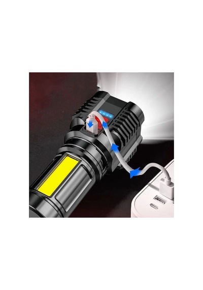 Ultra Parlak El Feneri Usb Şarj 4 Led+yan Cob Led Taktik Günlük Hayat Kamp Avcılık El Feneri Siyah