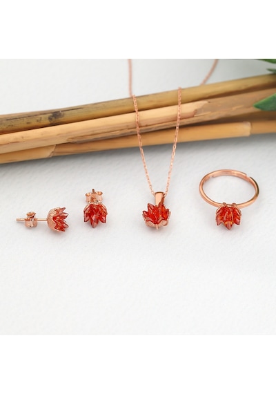 Zanaatsilver 925 Ayar Gümüş Orange Taşlı Rose Kaplama Lotus Çiçeği Takım & Set