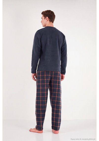 Buratti Ekoseli Düğmeli Bisiklet Yaka Yumuşak Polar Pijama Takımı Erkek Pijama Takımı 6097019 Füme