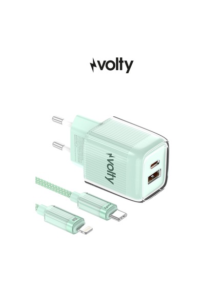 Hızlı Şarj Adaptörü 35w Gan + Lightning Kablo 30w Pd Usb-c&usb-a, Tablet&telefon Yeşil-v0102019