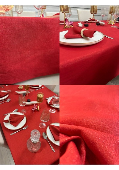 Polyester Keten Simli Masa Örtüsü Kırmızı + 12 Peçete