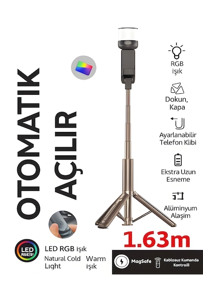 163cm Rgb Işıklı Magsafe Selfie Tripod Uzaktan Kumandalı, Tek Dokunuşla Açılan Katlanabilir