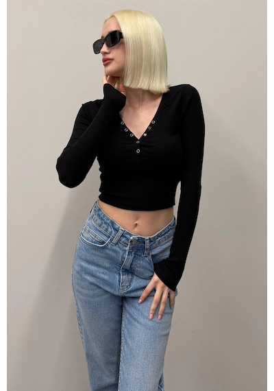 Madmext Siyah V Yaka Uzun Kollu Düğme Detaylı Kaşkorse Bodysuit Mg2194 Siyah