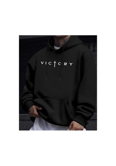 Herkesemoda Victory Yazı Detaylı İçi Polarlı Kapüşonlu Sweatshirt Siyah