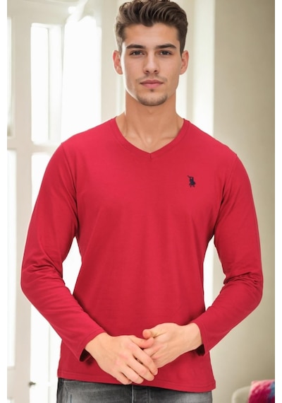 T9587 Dewberry V Yaka Erkek Uzun Kol T-shırt-bordo