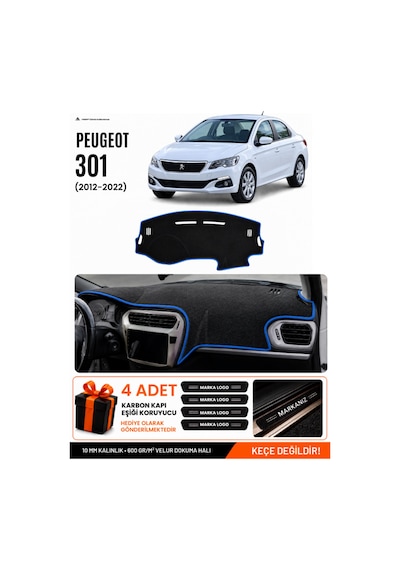 Peugeot 301 2012-2022 Uyumlu Torpido Koruma, Torpido Örtüsü, Torpido Kılıfı - Siyah-mavi - Pe007