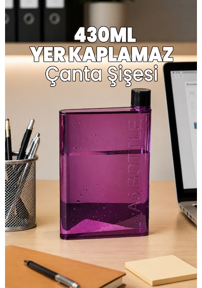 430 Ml Matara - Çantada Yer Kaplamaz Suluk - Ofis Okul Suluğu - İnce Şişe Dar Şişe - Sığ Su Şişesi Mor