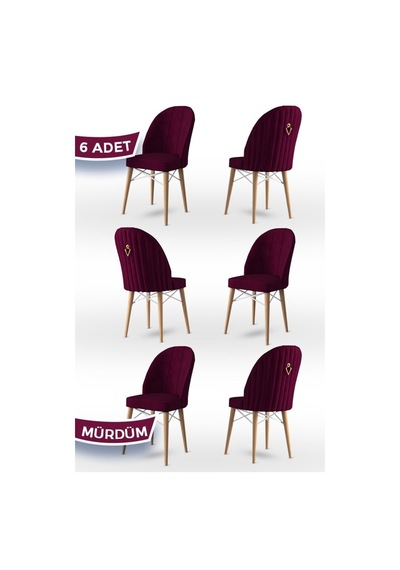 Canisa Ritim Serisi, 1.sınıf Babyface Kumaş, Doğal Ahşap Ayak, Beyaz Kafesli 6 Adet Mürdüm Sandalye Sandalye Mürdüm Ayaklar Doğal Ahşap